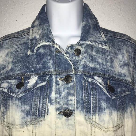 Hot Kiss Distress Bleach Dye Crop Denim Jacket L - Picture 2 of 5